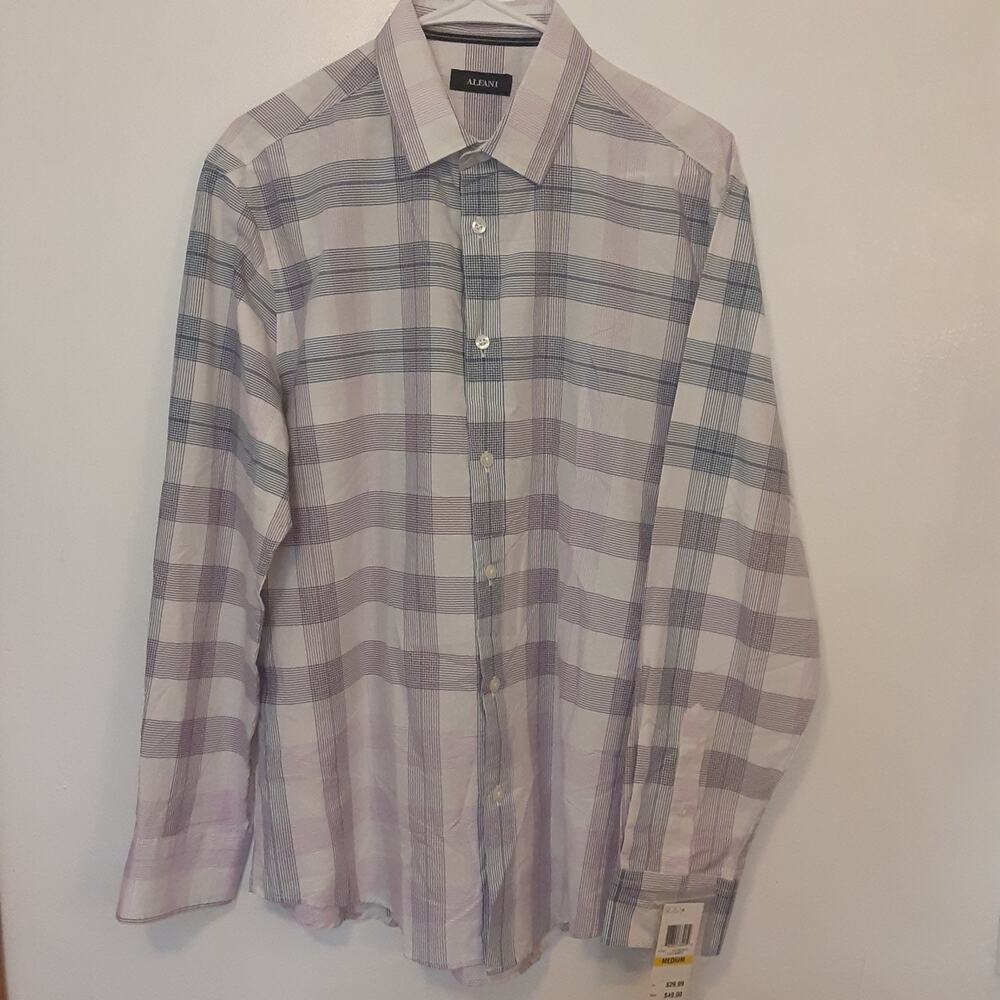 Alfani Mens Medium Long Sleeve Button-Up Shirt Purple Plaid EUC